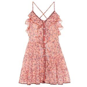 Poupette St Barth 'Tamara' Ruffle-Trim Floral-Print Mini Dress, Peach Lilac